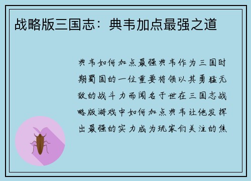 战略版三国志：典韦加点最强之道