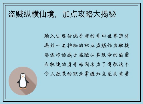 盗贼纵横仙境，加点攻略大揭秘